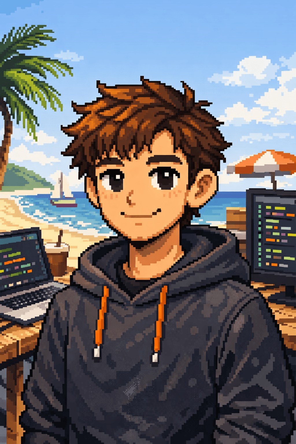 Pixel-art portrait of Alex working by the sea